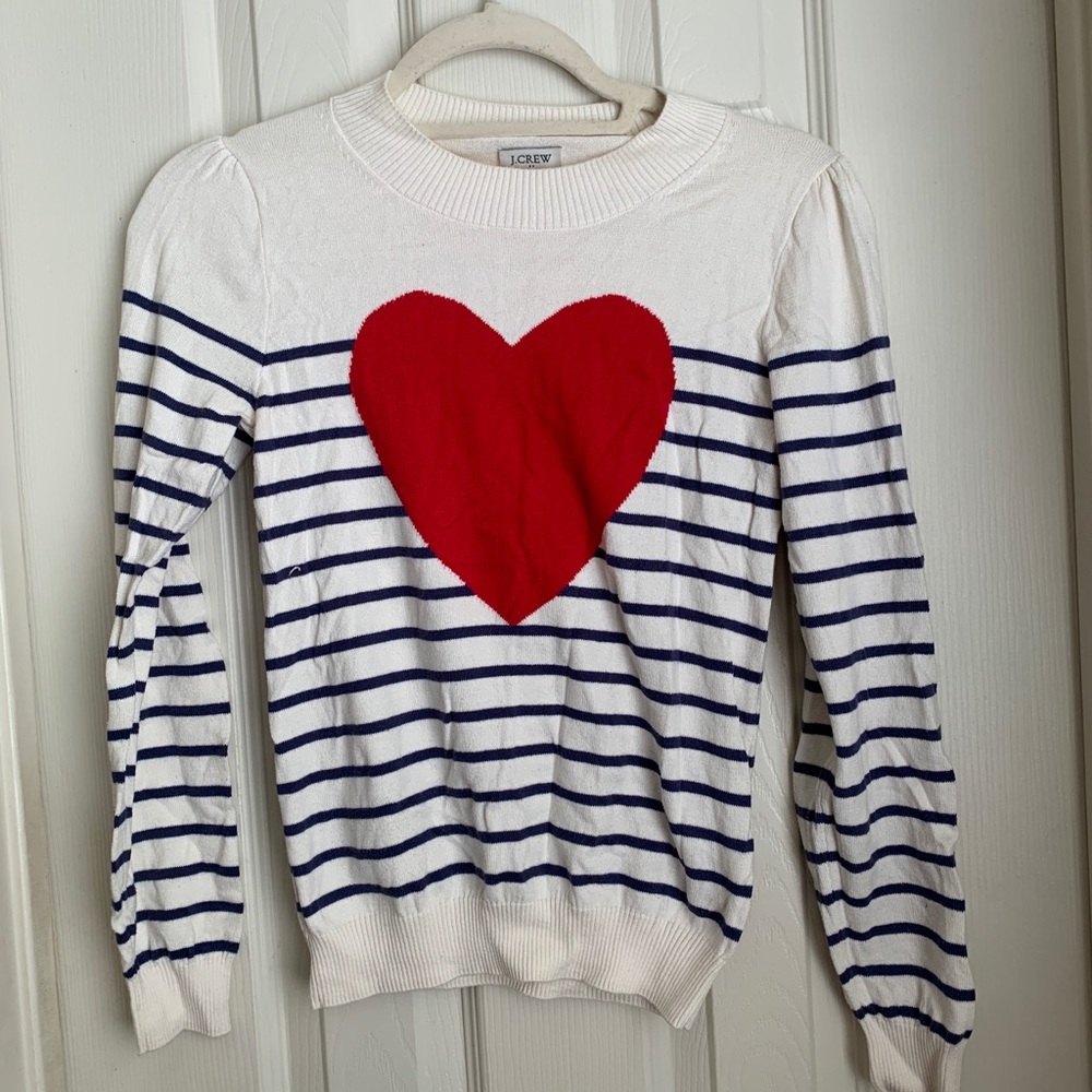 J. Crew White and Navy Striped Sweater with Red Heart